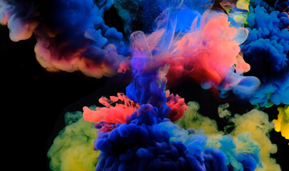 Fototapeta premium Color drops in water , abstract color mix , drop of ink color mix paint falling on background,