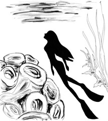 Freediver girl floats from the depth to the surface of the ocean, monochrome drawing.