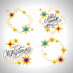 Happy New Year 2020. Lettering Composition With Stars And Sparkles. Holiday Vector Illustration frame