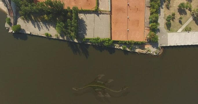 Aerial view in muddy water: Dragon, monster of prehistoric era, floats underwater along the river bank with tennis courts. Ness Monster