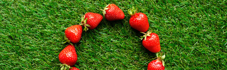 red fresh strawberries on green grass, close view