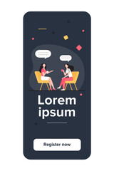 Women talking over cup of coffee. Female friends meeting in coffee shop, chat bubbles flat vector illustration. Friendship, communication concept for banner, website design or landing web page