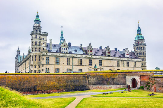 External view of Kronborg castle (1690) in Helsingor, Denmark. Kronborg is one of the most important Renaissance castles in Northern Europe, known worldwide from Shakespeare's Hamlet.
