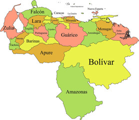 Pastel Colored Labeled Flat States Map of the South American Country of Venezuela