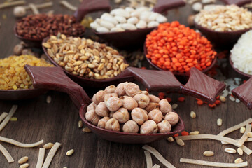 Uncooked dry cereal food group in wooden spoons on wooden background with autumn leaves.Selected  chickpeas spoon