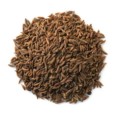 Caraway seeds isolated on white background. Cumin top view, studio shooting.