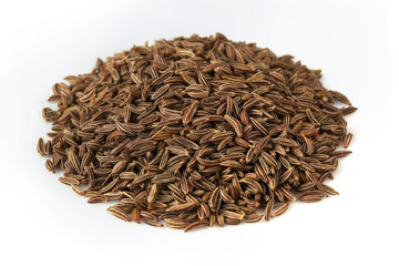 Caraway seeds isolated on white background. Cumin closeup, studio shooting.