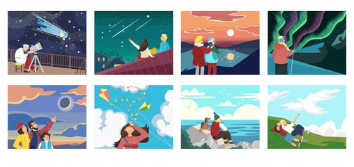 Set of people looking at sky vector illustration. Observation, inspiration and romantic. Scientist with telescope, tourist traveling, couple look at stary skies, sunset and aurora australis, clouds.
