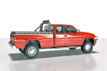 3d Lkw Pic-Up, Transporter rot und schwarz mit Scheinwerfer, freigestellt - 388314867