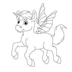 Cute little unicorn coloring page on white background