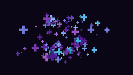 Colourful multi-size cross plus symbols scattered on dark background
