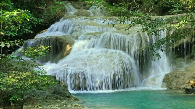 One of the waterfalls of the Erawan cascade in Kanchanaburi province, Thailand, 4k