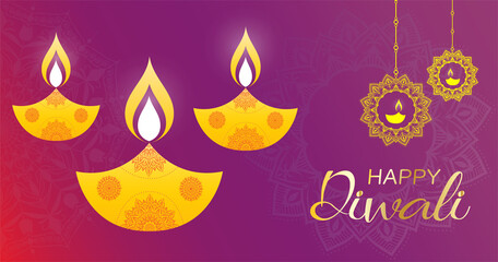 Happy Diwali - festival of lights colorful background with decorative diya lamp and rangoli.