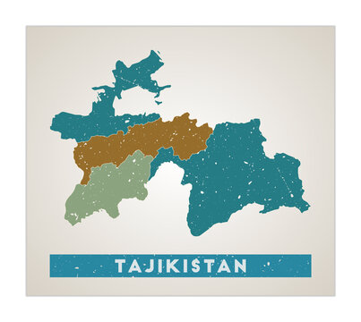 Tajikistan map. Country poster with regions. Old grunge texture. Shape of Tajikistan with country name. Artistic vector illustration.