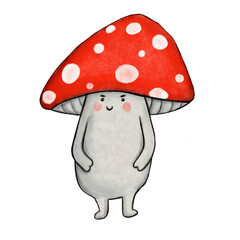 watercolor illustration of the element gray cute with a big red hat mushroom fly agaric in cartoon style isolated on a white background, plants, for postcards, decoration, design, backgrounds