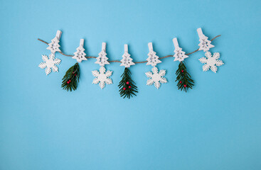 Festive Christmas decorations on blue background