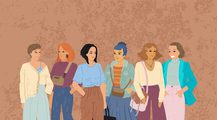 Banner with girls, set of female characters, group of people. Horizontal banner design, vector illustration.