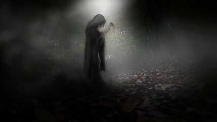 Fantasy dark shape werewolf, dracula halloween figure with cape, hood and axe in a dark forest with...