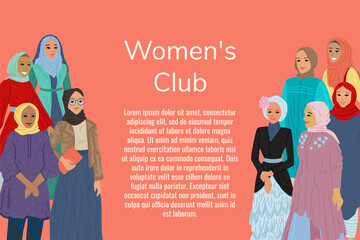 Fototapeta na wymiar Arab women, girls with headscarves, oriental women. A set of different characters. Vector illustration, banner design.
