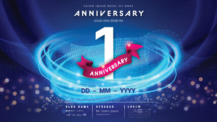 1 years anniversary logo template on dark blue Abstract futuristic space background. 1st modern technology design celebrating numbers with Hi-tech network digital technology concept design elements.