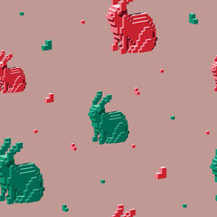 Seamless pattern with the red and green isometric rabbits in the pink background
