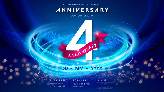 4 years anniversary logo template on dark blue Abstract futuristic space background. 4th modern technology design celebrating numbers with Hi-tech network digital technology concept design elements.