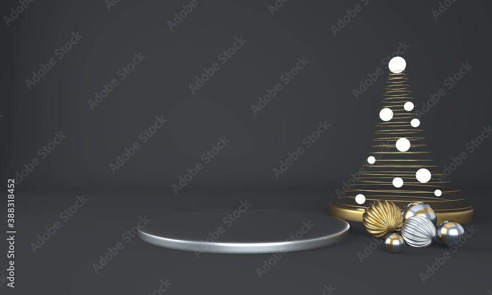 Poster christmas background with christmas tree and stage for product display. 3d rendering.