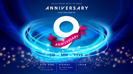 9 years anniversary logo template on dark blue Abstract futuristic space background. 9th modern technology design celebrating numbers with Hi-tech network digital technology concept design elements.