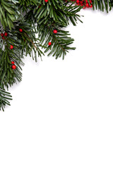 Festive Christmas background with beautiful decorations and pine branches on white backgorund