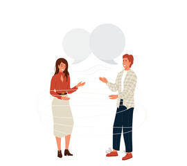 Pair people talking vector background. Young couple man and woman laughing and communicate. Speech bubble over characters. Illustration communication between human in modern flat cartoon style