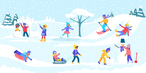Winter kids games vector illustration. Little girl sculpts snowman, skating, skiing, sledding, dresses up Christmas tree. Children playing in snowballs. Winter fun outdoor and sports on vacations.