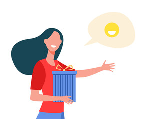 Happy woman holding gift. Present box, speech bubble, pointing hand flat vector illustration. Giving gift, bonus, discount concept for banner, website design or landing web page