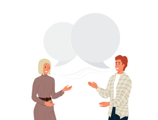 Couple people talking vector background. Young couple man and woman laughing and communicate. Speech bubble over characters. Illustration communication between human in modern flat cartoon style