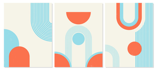 Set of abstract modern backgrounds with harmonious geometric shapes, rainbow and sun. Trending cover designs in a minimal mid century style in blues and oranges.Natural organic line shapes.