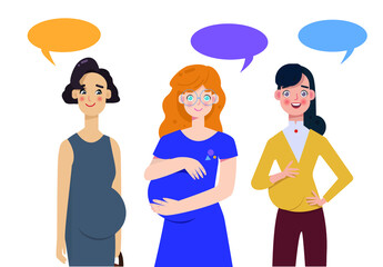 Pregnant girl talk to each other. Happy future moms. Colored flat vector illustration.