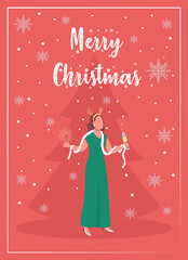 Winter holiday party greeting card flat vector template. Luxury event. Christmas tree. Brochure, booklet one page concept design with cartoon characters. New Year celebration flyer, leaflet