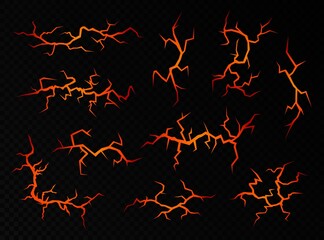 Obraz premium Ground cracks with molten lava isolated on a black background. Volcanic fissures set with hot magma, abstract vector elements.