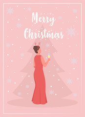 Obraz na płótnie Canvas Celebrate Christmas greeting card flat vector template. Women with sparkling drink. Xmas tree. Brochure, booklet one page concept design with cartoon characters. Winter holiday flyer, leaflet