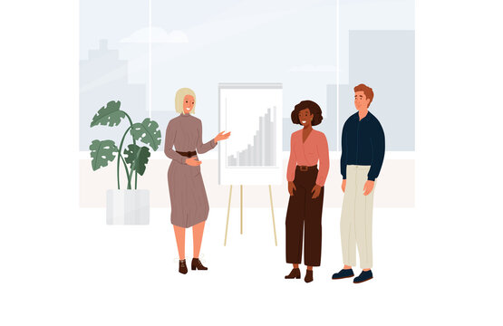 Female company coach holds a business meeting. Young woman explains chart to people in the office building near the window viewing to the city. Vector illustration in cartoon flat style
