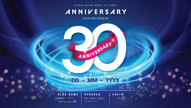 30 years anniversary logo template on dark blue Abstract futuristic space background. 30th modern technology design celebrating numbers with Hi-tech network digital technology concept design elements.