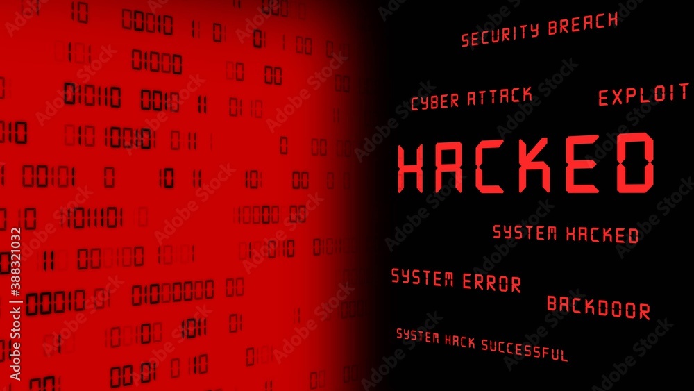 Poster business security concept - hacked and other keywords - red warning lettering on dark background opp