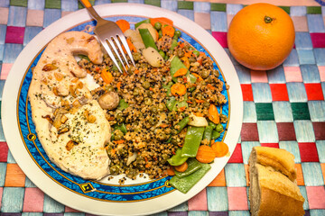 healthy menu. Grilled swordfish with quinoa and vegetables