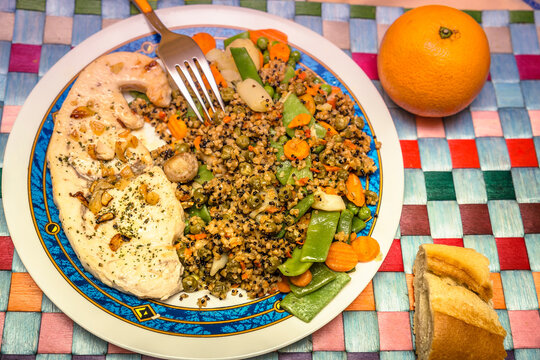 healthy menu. Grilled swordfish with quinoa and vegetables