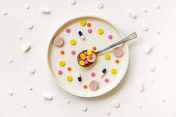 Top view of medicine pills, tablets and different drugs in light plate with spoon. Taking...