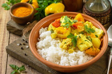 Indian cuisine dish sabji. Traditional Indian vegetable stew with soft cheese and turmeric on a wooden table.