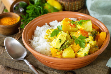 Indian cuisine dish sabji. Traditional Indian vegetable stew with soft cheese, turmeric and rice on a wooden table.