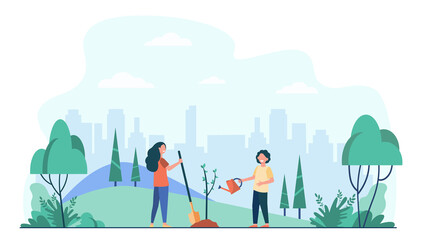 Kids planting tree in city park. Children with gardening tools working with green plants outdoors. Vector illustration for environment protection, gardening education concept