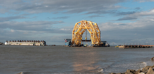 St. Simons Island, Georgia/USA - 10/27/2020: VB-10,000 arriving in the St. Simons Sound to remove the capsized Golden Ray cargo ship.
