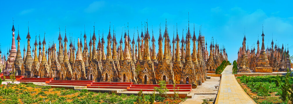 Panorama of unique archaeological Buddhist site, Kakku, Myanmar