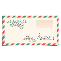 Merry Christmas envelope isolated vector illustration. Trendy simple design. Letter to Santa Claus. Envelope with a post stamp and handwritten calligraphy text. Christmas holiday concept.